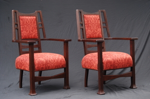 Pair of Arts and Crafts large chairs, attributed to Karpen Furniture Co.  Refinished, fabric replaced over original springs.